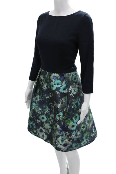 Theia Womens Fit & Flare Dark Blue Floral Short Dress 3/4 Sleeve Size 8