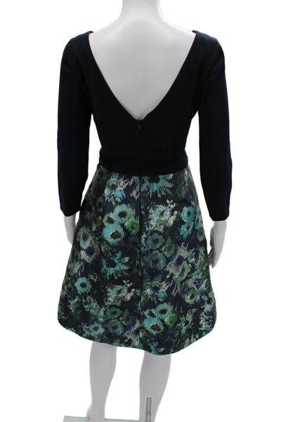 Theia Womens Fit & Flare Dark Blue Floral Short Dress 3/4 Sleeve Size 8