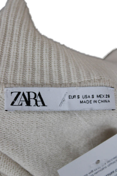 Zara Unisex Pullover Sweater Beige V Neck Long Sleeve Polyester Size S