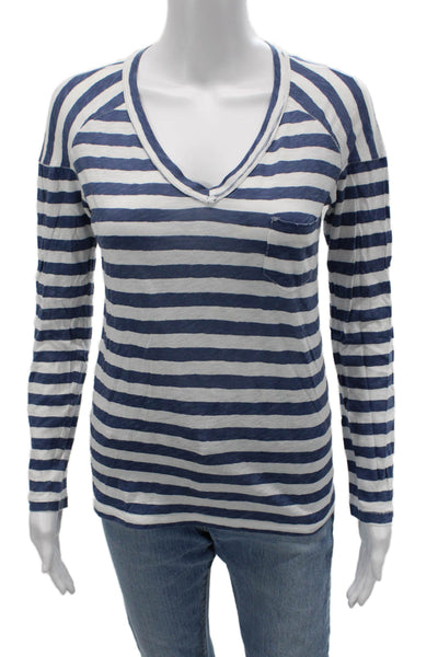 Stateside Women Striped V-Neck Long Sleeve Supima Cotton Tee Blue Size XS