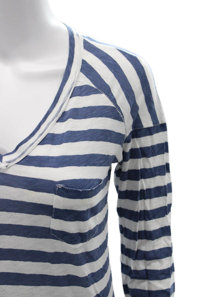 Stateside Women Striped V-Neck Long Sleeve Supima Cotton Tee Blue Size XS