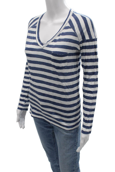 Stateside Women Striped V-Neck Long Sleeve Supima Cotton Tee Blue Size XS