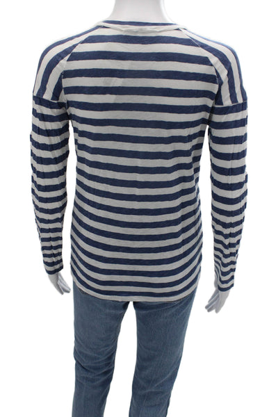 Stateside Women Striped V-Neck Long Sleeve Supima Cotton Tee Blue Size XS