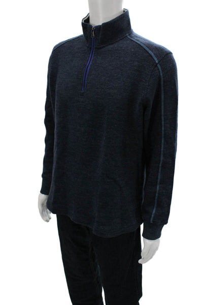 Robert Graham Mens Pullover Sweater Dark Blue Cotton Mock Neck Zip Size M