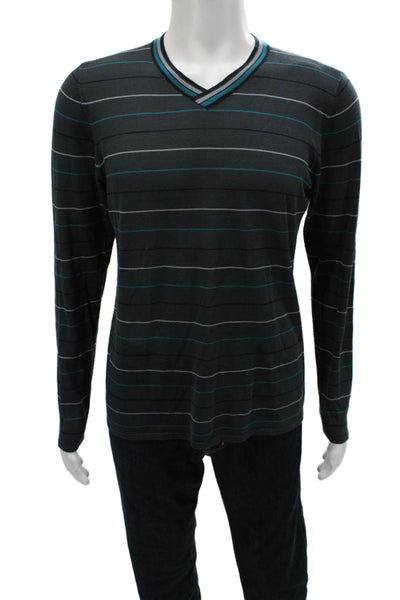 Armani Collezioni Mens Black Wool V-Neck Striped Sweater Size M