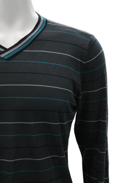 Armani Collezioni Mens Black Wool V-Neck Striped Sweater Size M