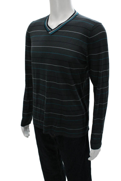Armani Collezioni Mens Black Wool V-Neck Striped Sweater Size M