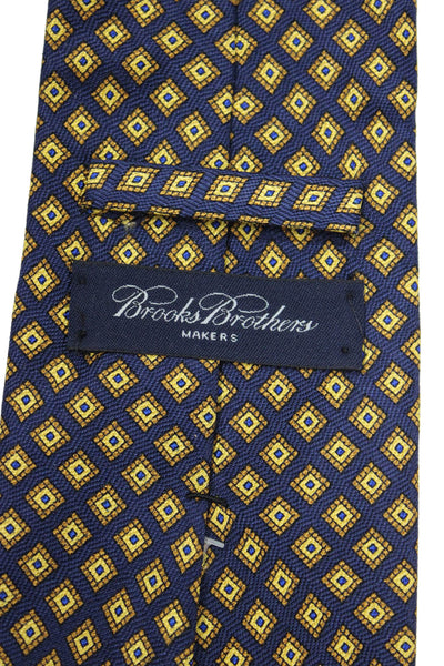Brooks Brothers Mens Silk Diamond Print Necktie Navy Blue Yellow