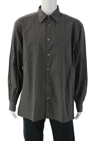 Ermenegildo Zegna Mens Check Cotton Point Collar Button Up Shirt Black Size XL