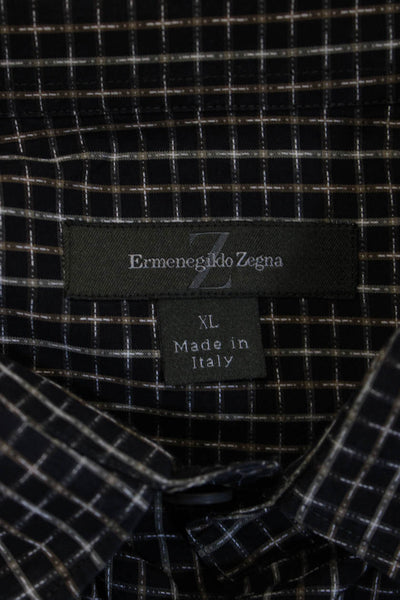 Ermenegildo Zegna Mens Check Cotton Point Collar Button Up Shirt Black Size XL