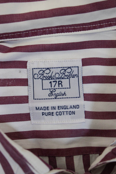 Brooks Brothers Mens Cotton Red Striped Point Collar Dress Shirt Size 17
