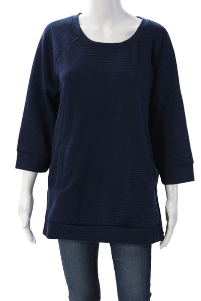 Tribal Women Tunic Sweatshirt Dark Blue 3/4 Sleeve Geometric Round Neck Size L