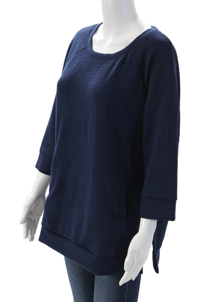 Tribal Women Tunic Sweatshirt Dark Blue 3/4 Sleeve Geometric Round Neck Size L