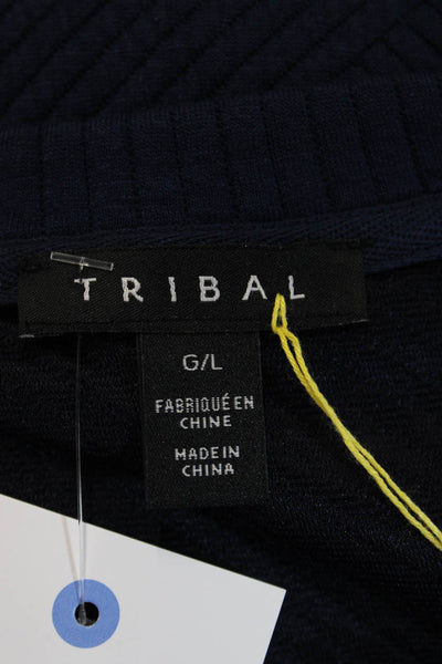 Tribal Women Tunic Sweatshirt Dark Blue 3/4 Sleeve Geometric Round Neck Size L