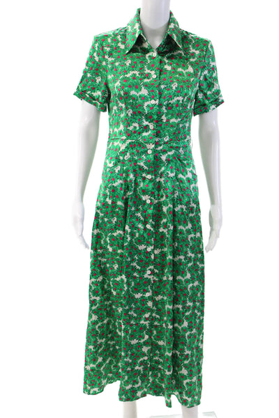 HVN Women Maxi Shirt Dress Green Silk Collared Floral Short Sleeve Size 4