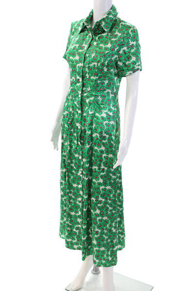 HVN Women Maxi Shirt Dress Green Silk Collared Floral Short Sleeve Size 4