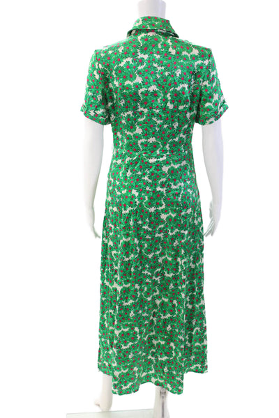 HVN Women Maxi Shirt Dress Green Silk Collared Floral Short Sleeve Size 4