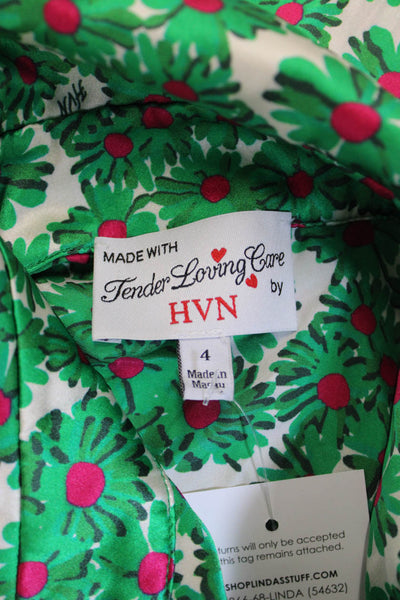 HVN Women Maxi Shirt Dress Green Silk Collared Floral Short Sleeve Size 4