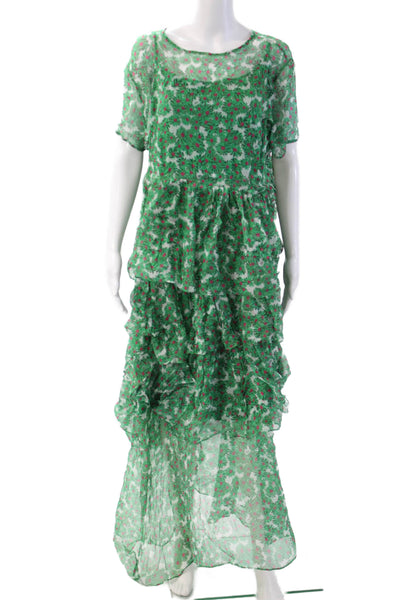 HVN Womens Silk Floral Shift Dress Green Short Sleeve Zip Size 20
