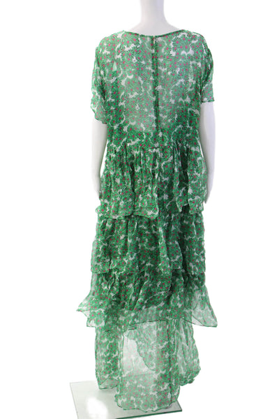 HVN Womens Silk Floral Shift Dress Green Short Sleeve Zip Size 20