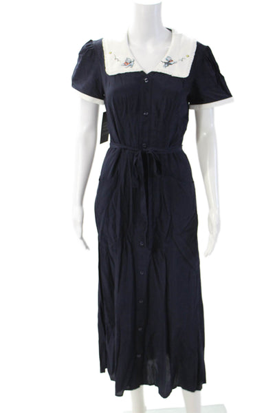 HVN Womens Shirt Dress Dark Blue Collared Short Sleeve Button Viscose Size 4