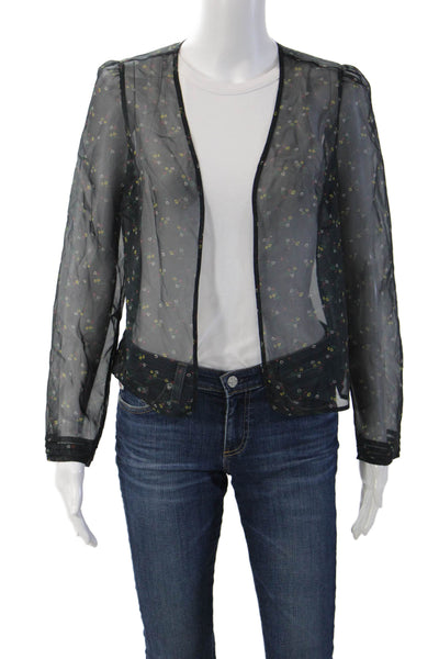 HVN Women Silk Floral V-Neck Long Sleeve Jacket Black Size 4