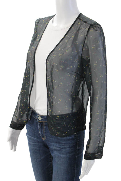 HVN Women Silk Floral V-Neck Long Sleeve Jacket Black Size 4