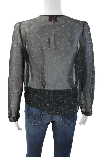 HVN Women Silk Floral V-Neck Long Sleeve Jacket Black Size 4