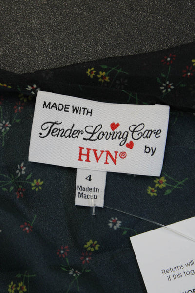 HVN Women Silk Floral V-Neck Long Sleeve Jacket Black Size 4