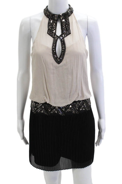 Karen Millen Womens Sleeveless Blouson Mini Dress Beige Geometric Size 6