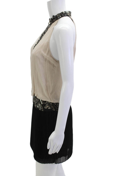Karen Millen Womens Sleeveless Blouson Mini Dress Beige Geometric Size 6