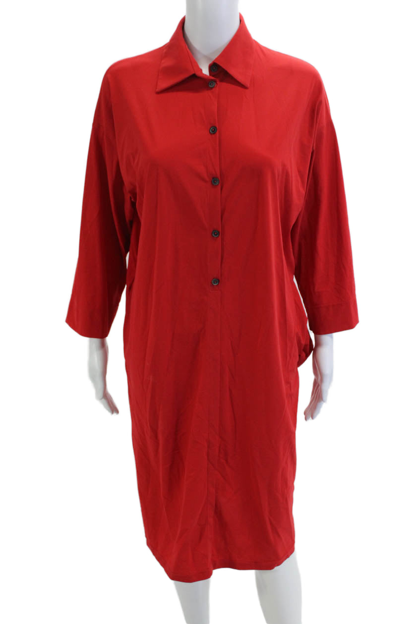 Peter O. Mahler Womens Red Shirt Dress 3/4 Sleeve Button Size 1 Peter O. Mahler Womens Red Shirt Dress 3/4 Sleeve Button Size 1