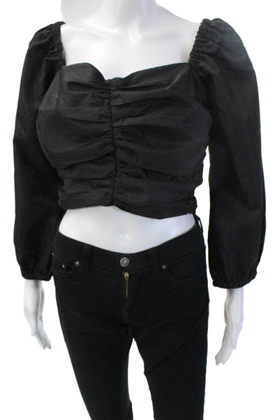 J Crew Women Cropped Black Cotton Square Neck Long Sleeve Blouse Size L
