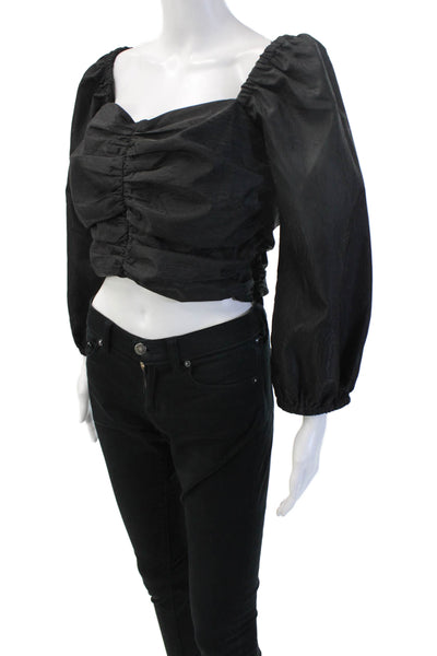 J Crew Women Cropped Black Cotton Square Neck Long Sleeve Blouse Size L