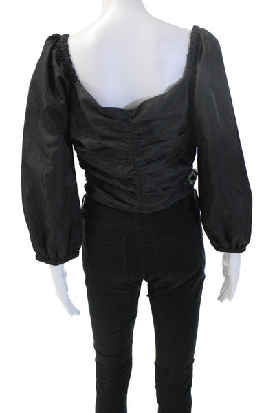 J Crew Women Cropped Black Cotton Square Neck Long Sleeve Blouse Size L