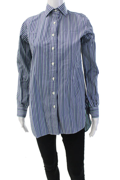 Ann Mashburn Women Striped Silk Button-Up Blouse Dark Blue Long Sleeve Size S