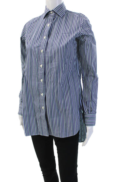 Ann Mashburn Women Striped Silk Button-Up Blouse Dark Blue Long Sleeve Size S