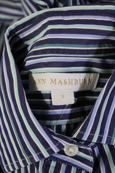 Ann Mashburn Women Striped Silk Button-Up Blouse Dark Blue Long Sleeve Size S