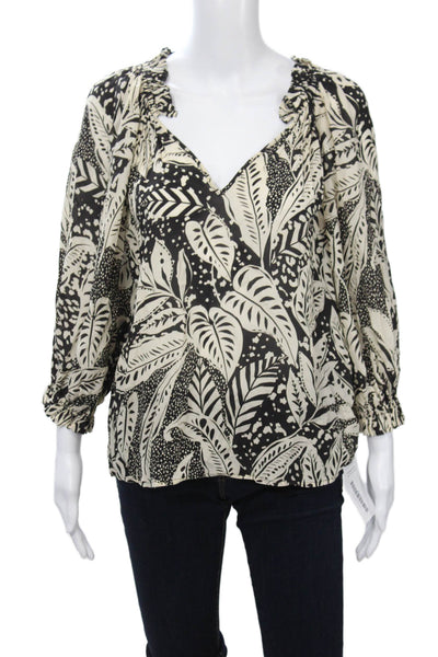 Gilner Farrar Women Beige Floral V-Neck 3/4 Sleeve Viscose Blouse Size S
