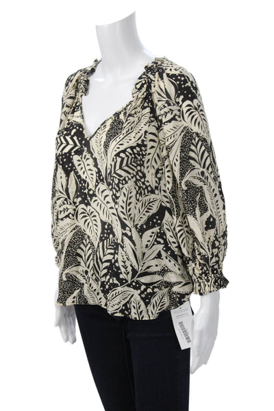 Gilner Farrar Women Beige Floral V-Neck 3/4 Sleeve Viscose Blouse Size S