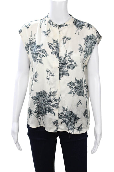 Elie Tahari Women High Neck Floral Silk Sleeveless Blouse White Size S