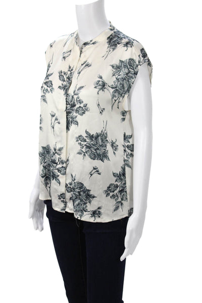 Elie Tahari Women High Neck Floral Silk Sleeveless Blouse White Size S