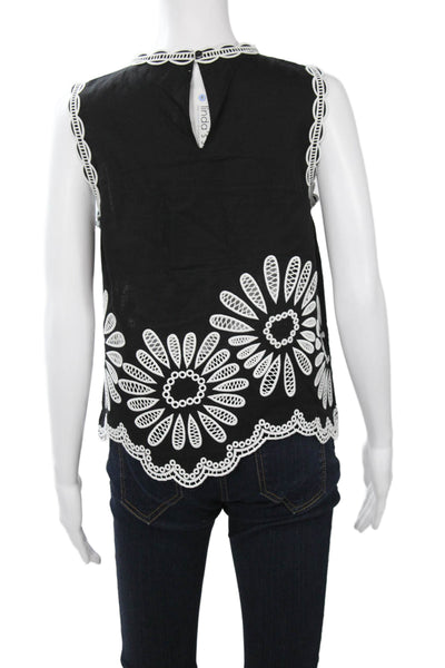 Elie Tahari Women Black Floral Tank Round Neck Button Sleeveless Size M