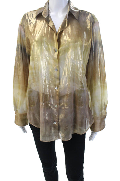 Zara Women Beige Collared Long Sleeve Button Up Blouse 100% Polyester Size M