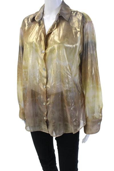 Zara Women Beige Collared Long Sleeve Button Up Blouse 100% Polyester Size M