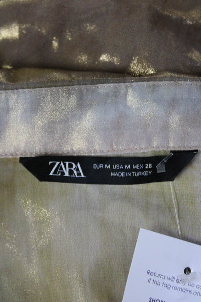 Zara Women Beige Collared Long Sleeve Button Up Blouse 100% Polyester Size M