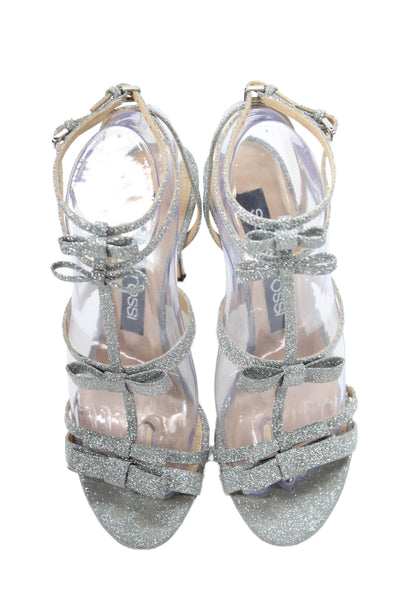Sergio Rossi Womens Bow Detail Strappy Heels Shoes Glittery Silver Size 7.5
