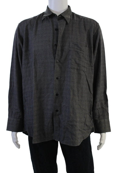 Ike Behar Mens Dark Gray Check Point Collar Button-Up Shirt 100% Cotton Size L