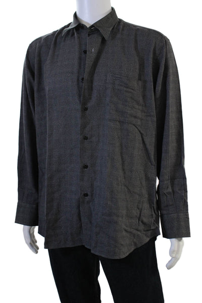 Ike Behar Mens Dark Gray Check Point Collar Button-Up Shirt 100% Cotton Size L