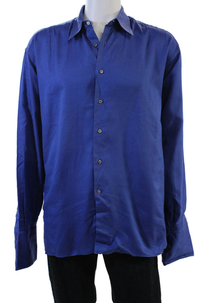 Lorenzini Mens Point Collar Dress Shirt Blue Egyptian Cotton Long Sleeve Size M